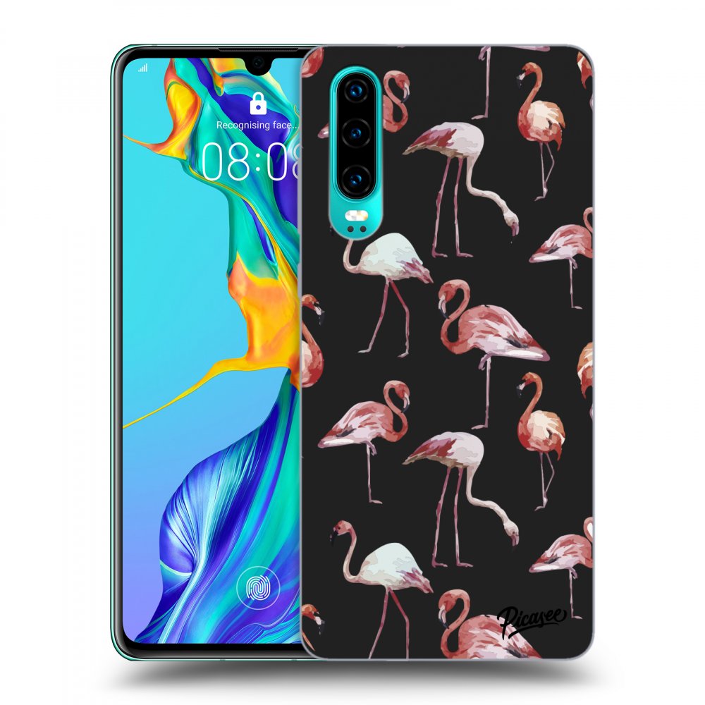 Picasee silikonowe czarne etui na Huawei P30 - Flamingos