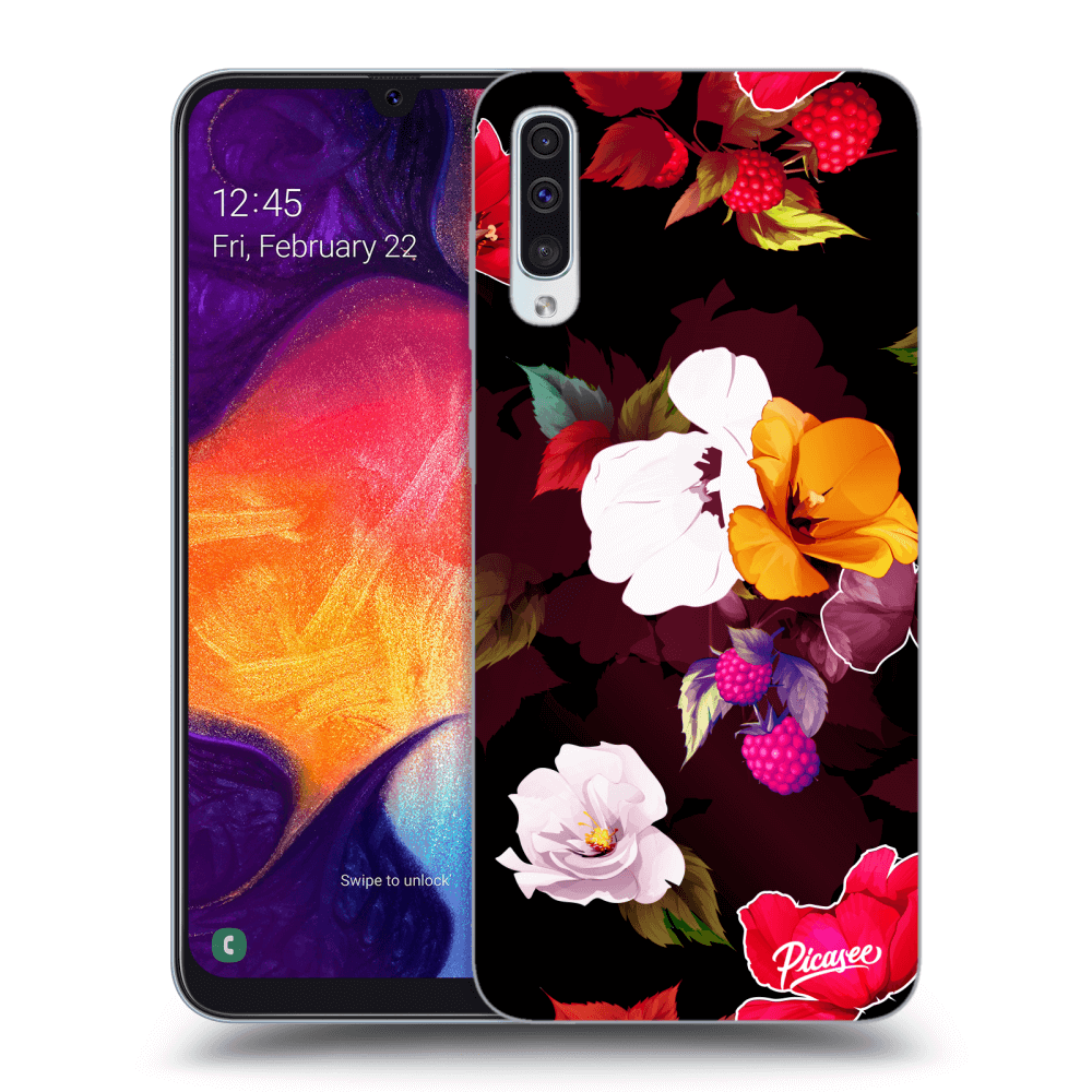 Picasee silikonowe czarne etui na Samsung Galaxy A50 A505F - Flowers and Berries