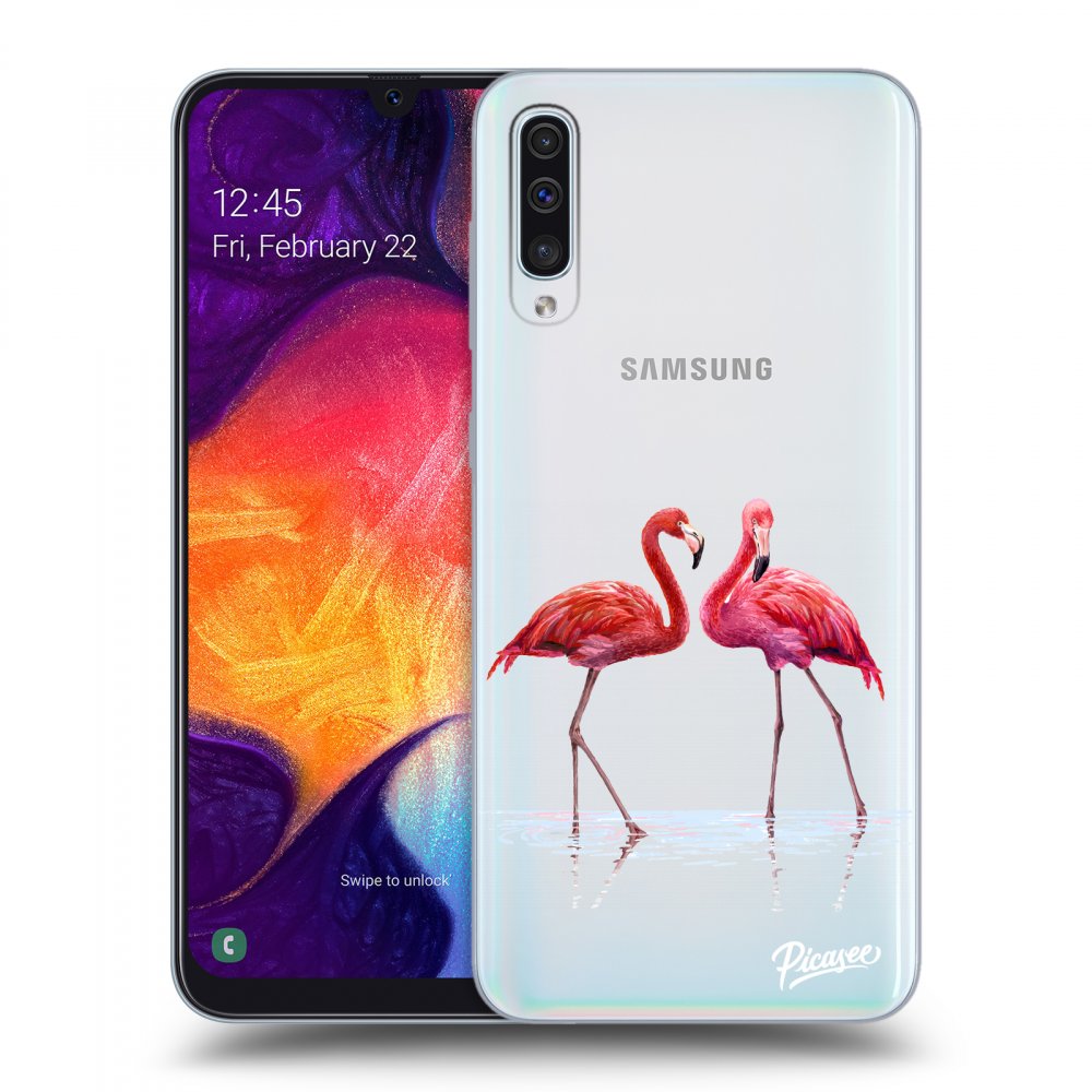 Picasee silikonowe przeźroczyste etui na Samsung Galaxy A50 A505F - Flamingos couple