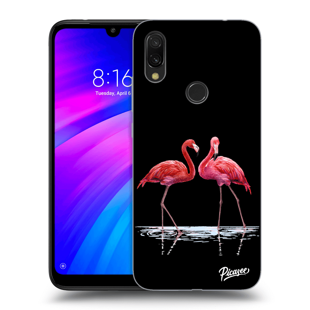 Picasee silikonowe czarne etui na Xiaomi Redmi 7 - Flamingos couple