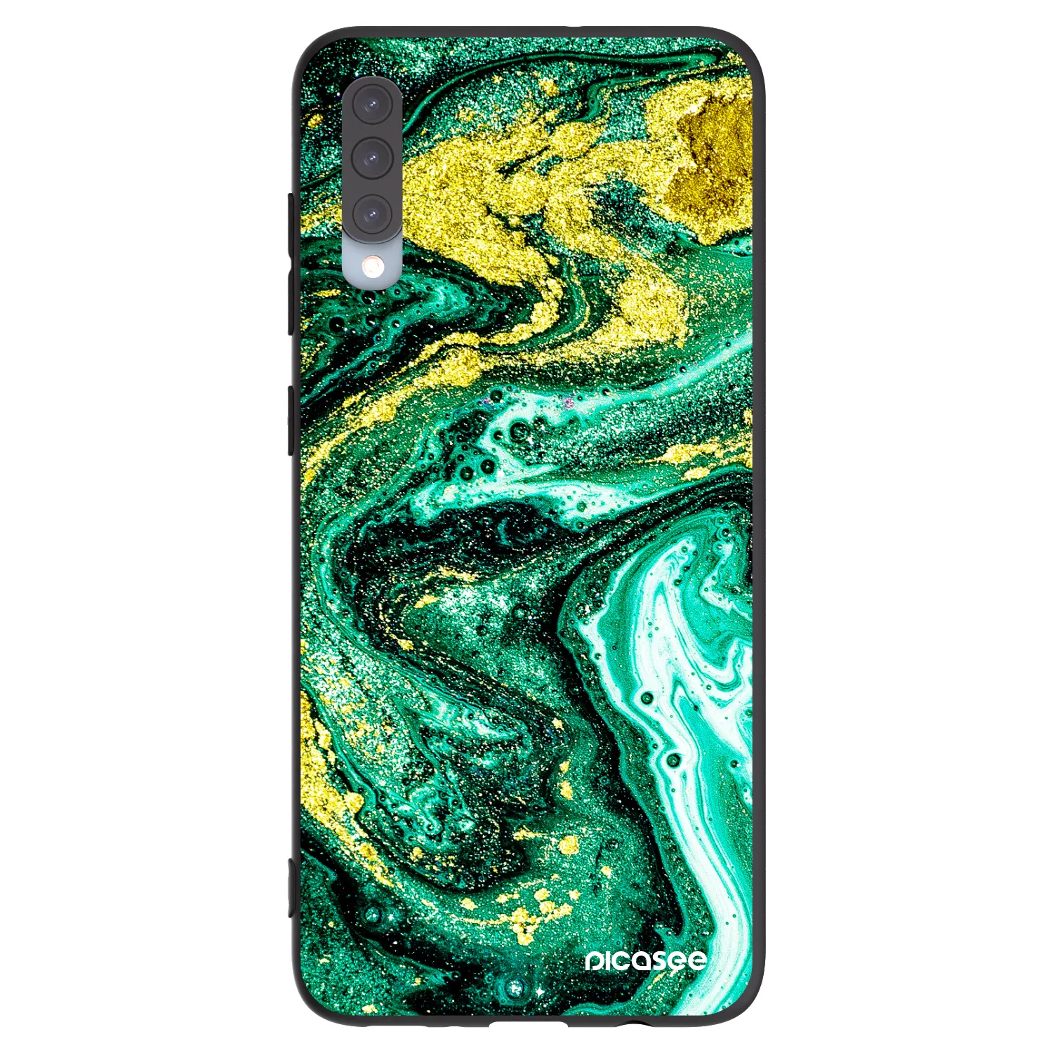 Picasee silikonowe czarne etui na Samsung Galaxy A70 A705F - Green Gold