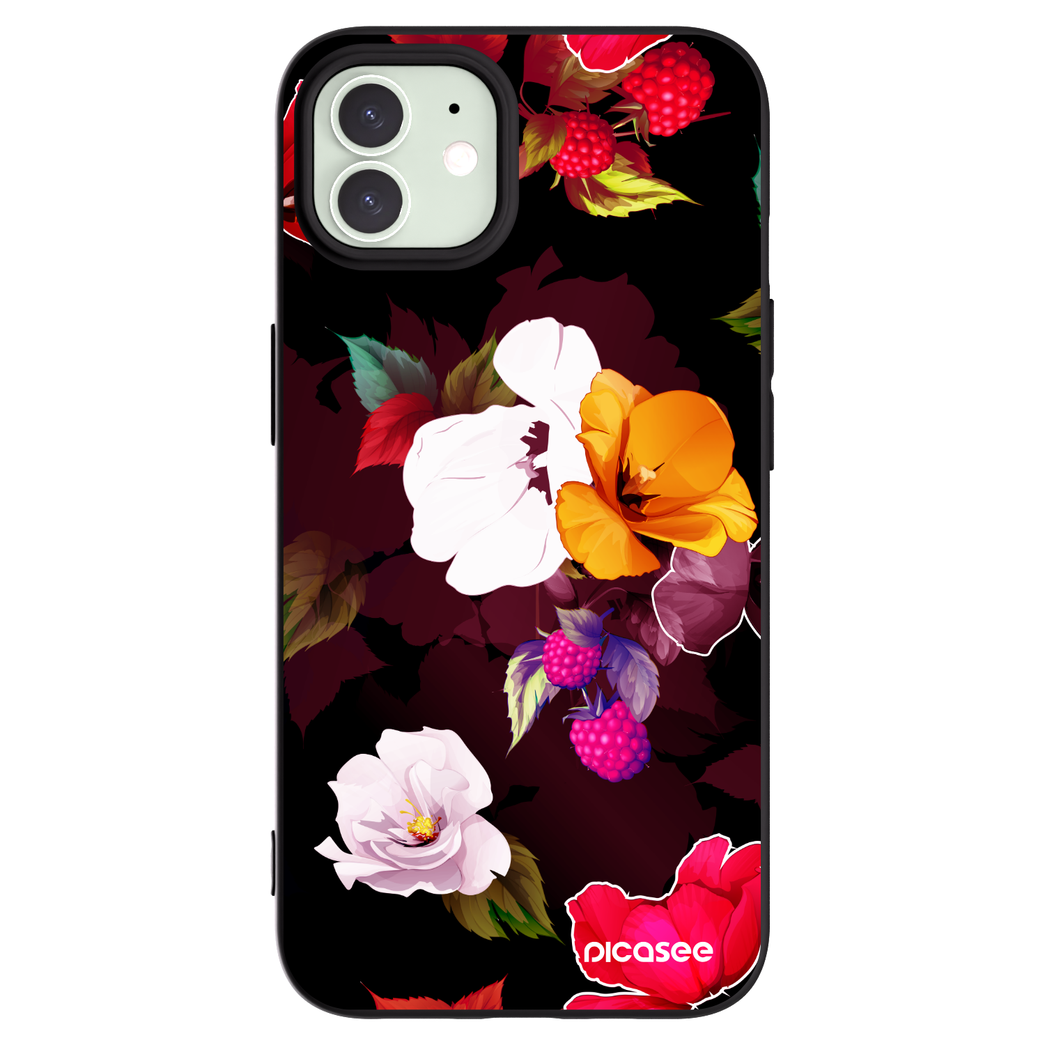 Picasee silikonowe czarne etui na Apple iPhone 12 - Flowers and Berries