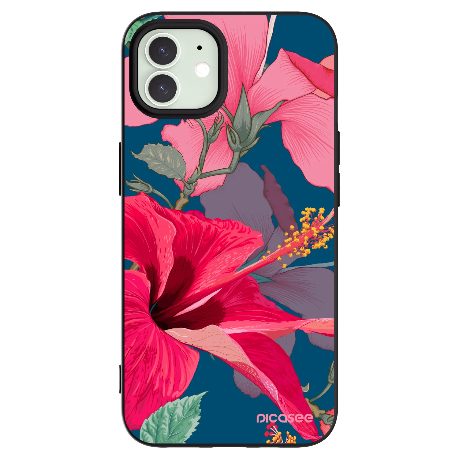 Picasee silikonowe czarne etui na Apple iPhone 12 - Hibiscus