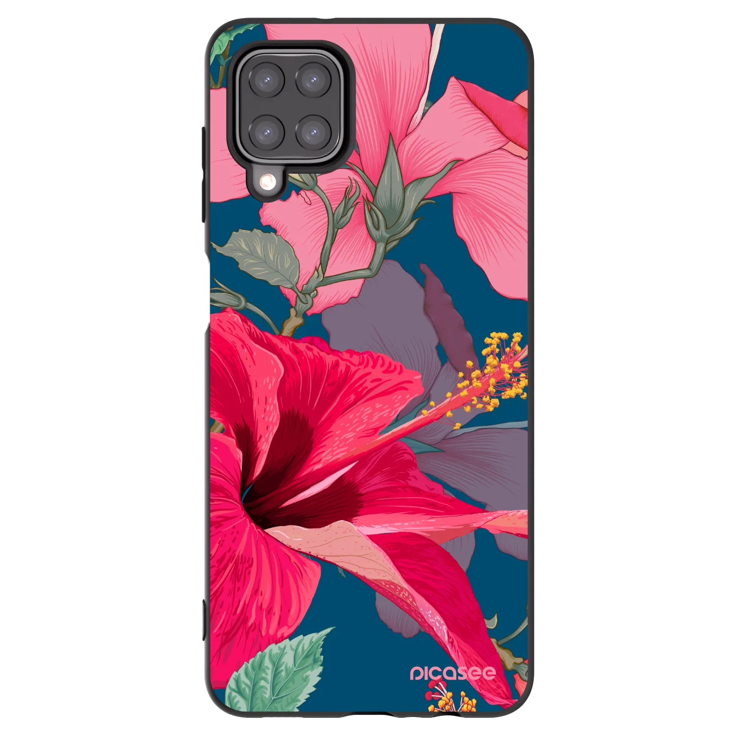 Picasee silikonowe czarne etui na Samsung Galaxy A12 A125F - Hibiscus