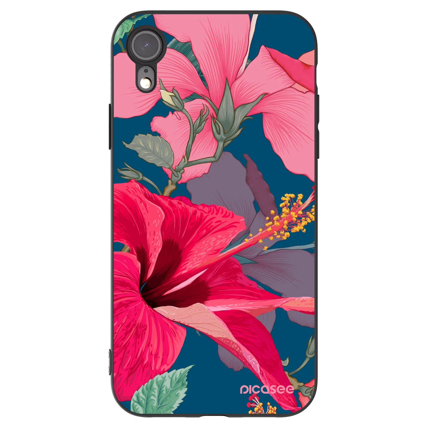 Picasee silikonowe czarne etui na Apple iPhone XR - Hibiscus