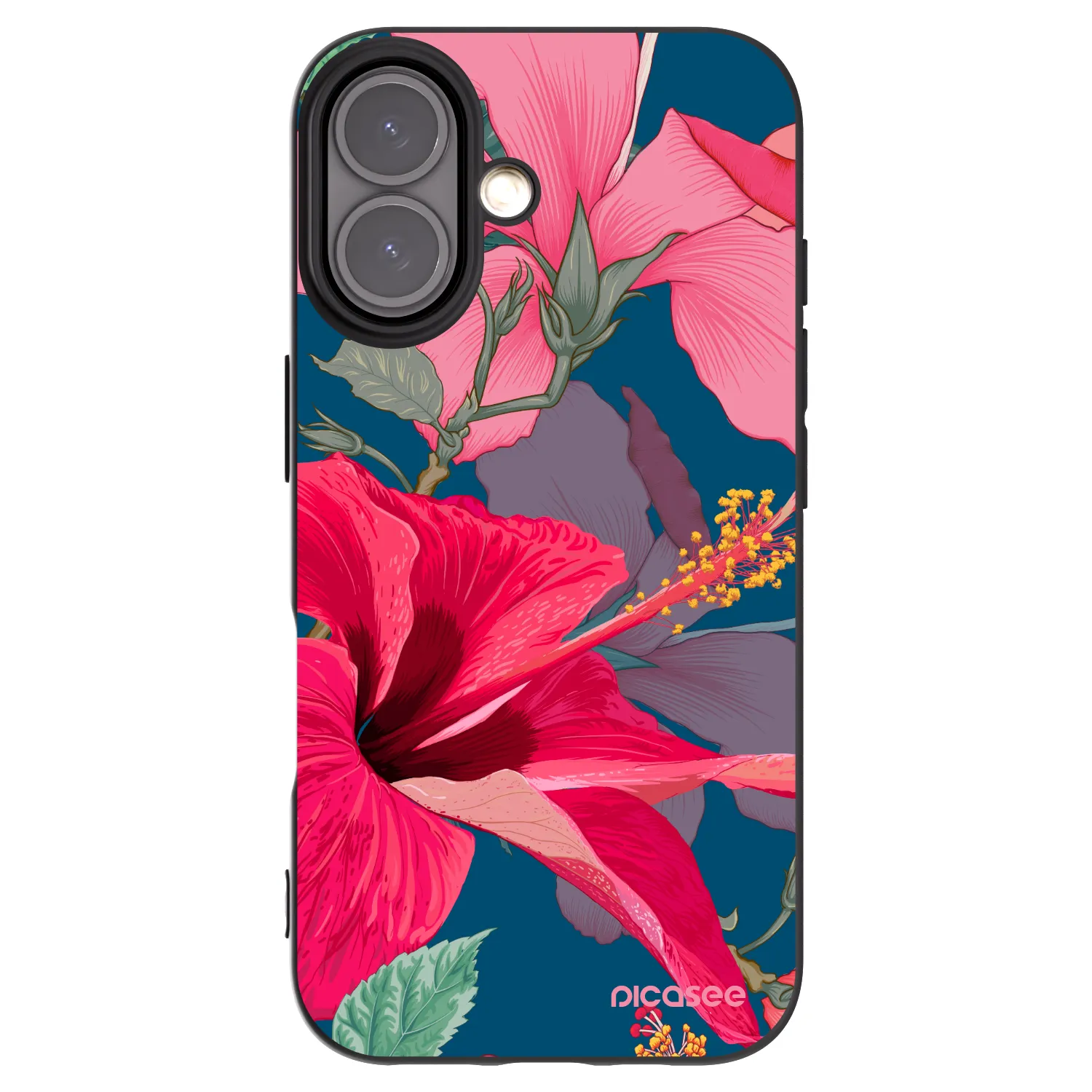 Picasee silikonowe czarne etui na Apple iPhone 16 - Hibiscus