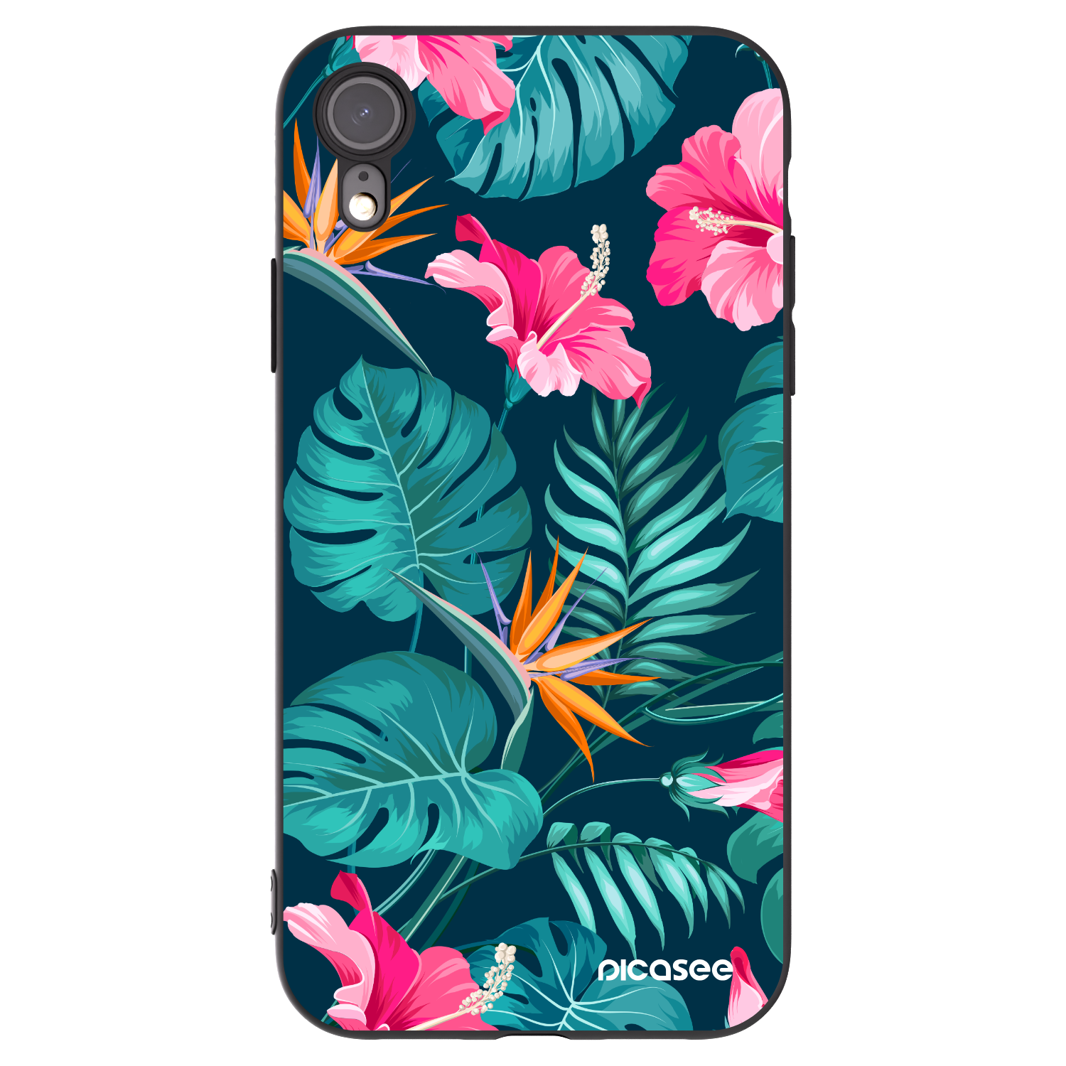 Picasee silikonowe czarne etui na Apple iPhone XR - Pink Monstera