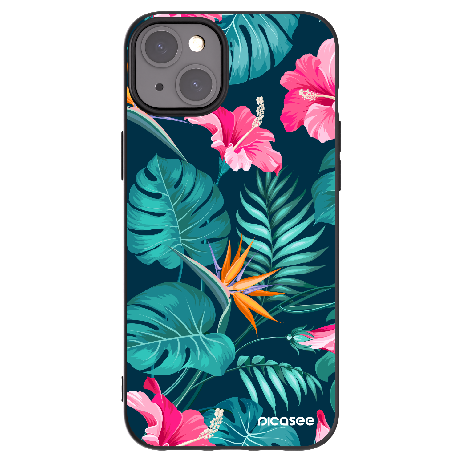 Picasee silikonowe czarne etui na Apple iPhone 15 Plus - Pink Monstera