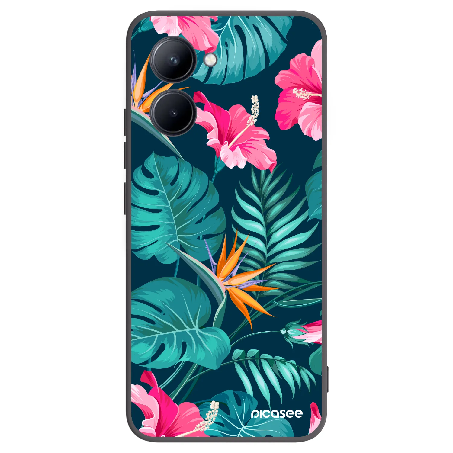 Picasee silikonowe czarne etui na Realme C33 (2023) - Pink Monstera