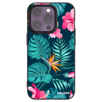 Picasee silikonowe czarne etui na Apple iPhone 14 Pro - Pink Monstera