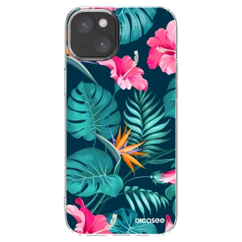 Picasee silikonowe przeźroczyste etui na Apple iPhone 15 Plus - Pink Monstera