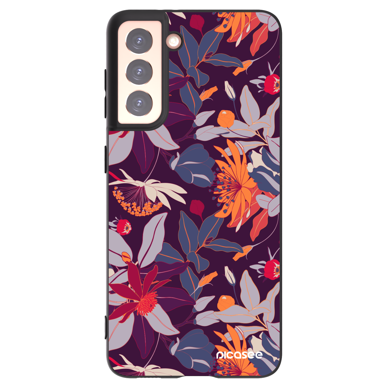 Picasee silikonowe czarne etui na Samsung Galaxy S21 5G G991B - Purple Leaf