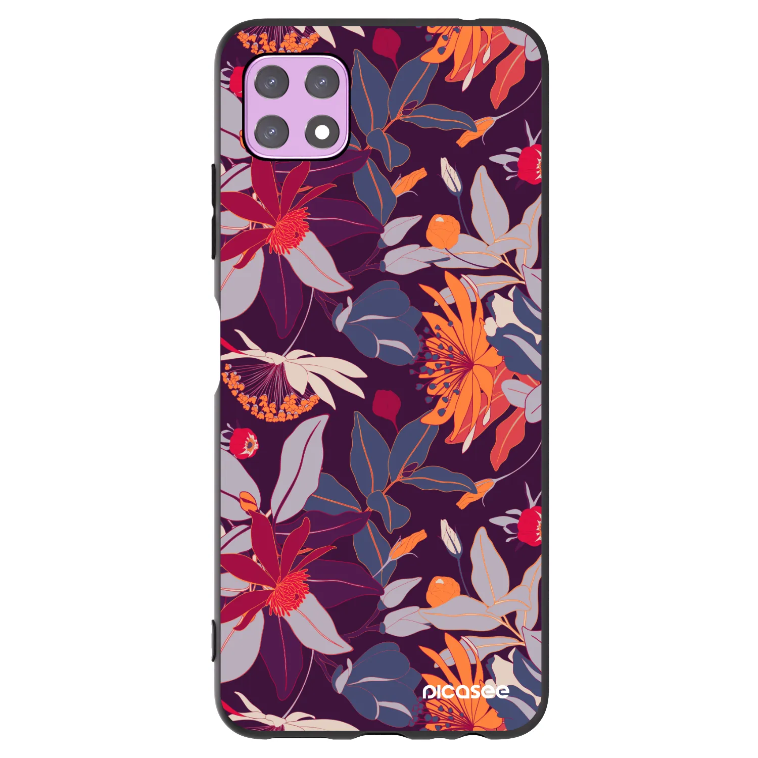 Picasee silikonowe czarne etui na Samsung Galaxy A22 A226B 5G - Purple Leaf