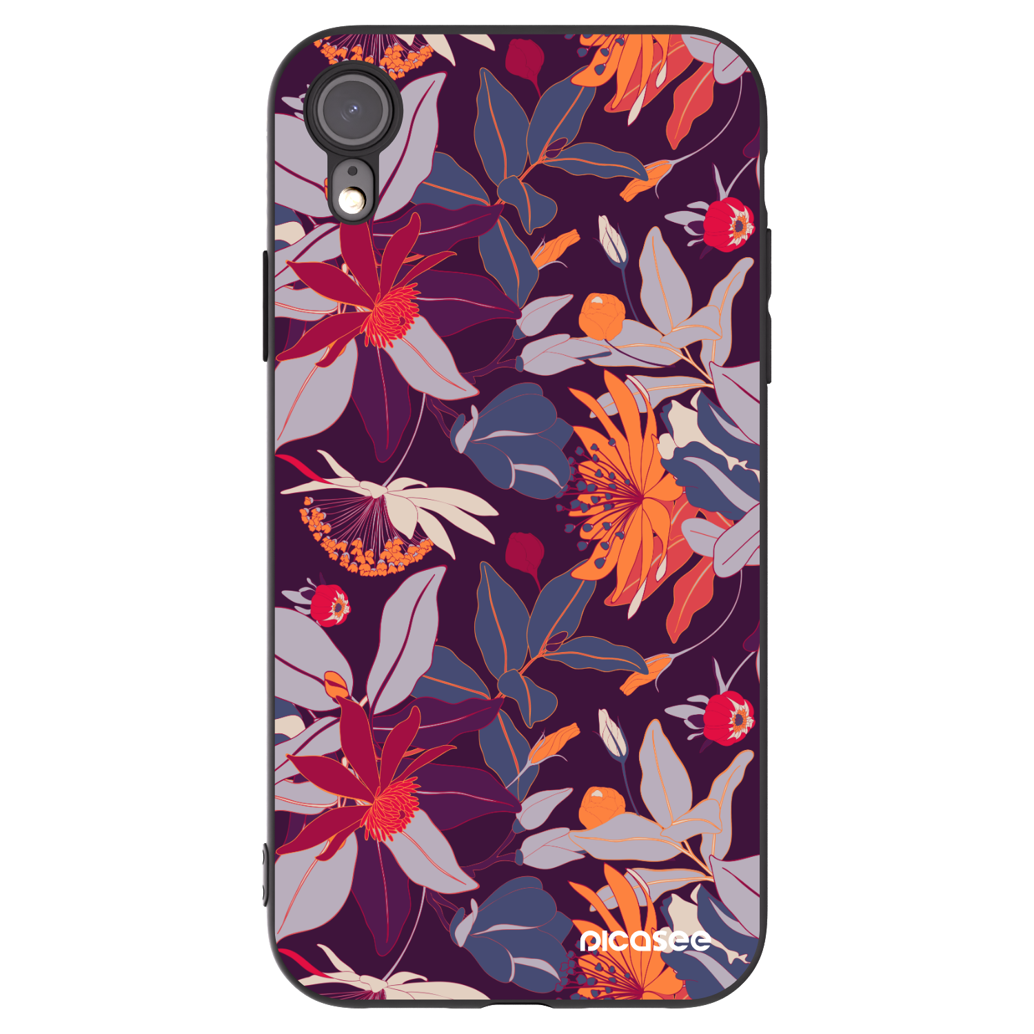 Picasee silikonowe czarne etui na Apple iPhone XR - Purple Leaf
