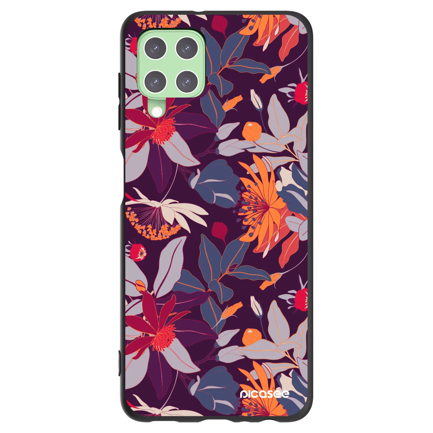 Picasee silikonowe czarne etui na Samsung Galaxy A22 A225F 4G - Purple Leaf