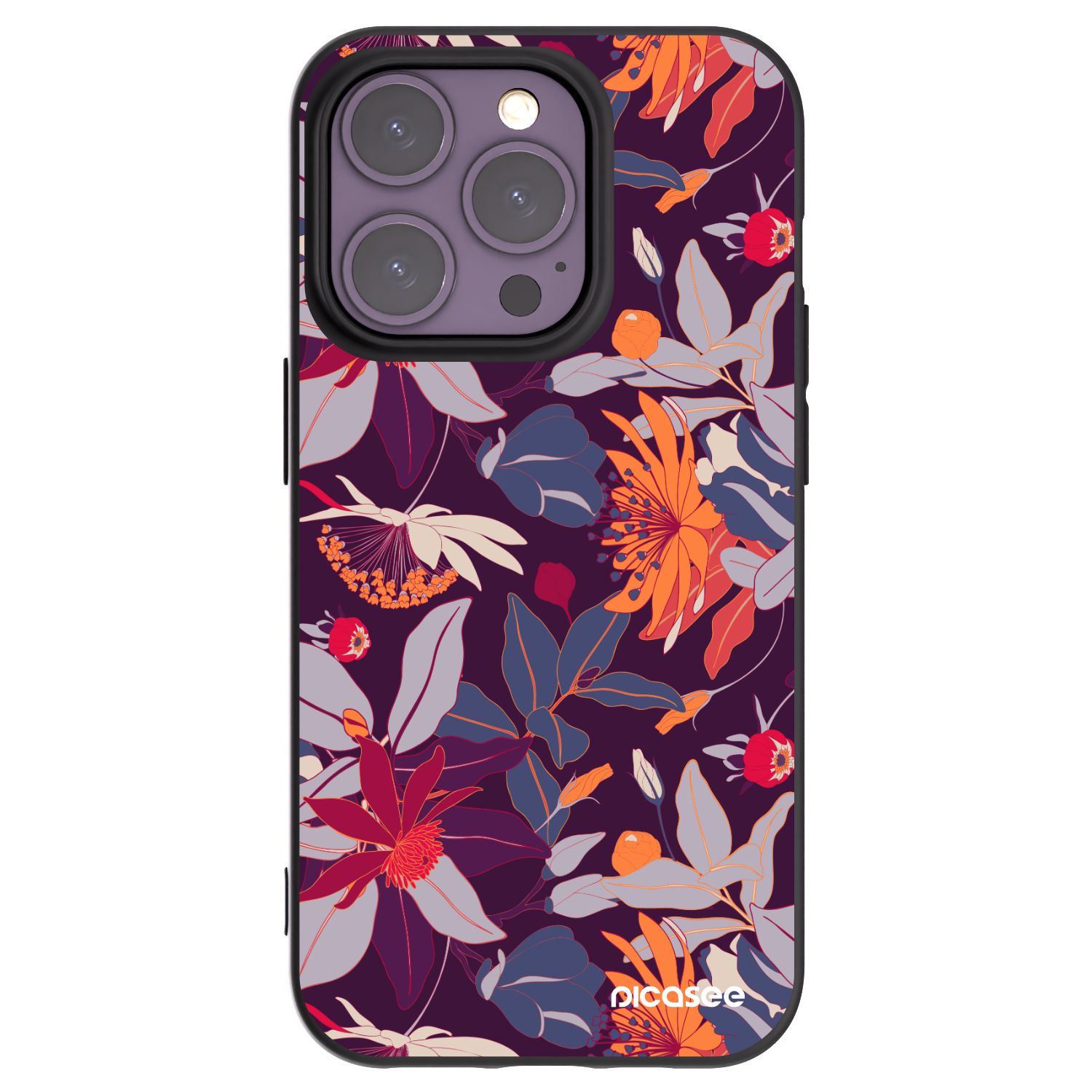 Picasee silikonowe czarne etui na Apple iPhone 14 Pro - Purple Leaf