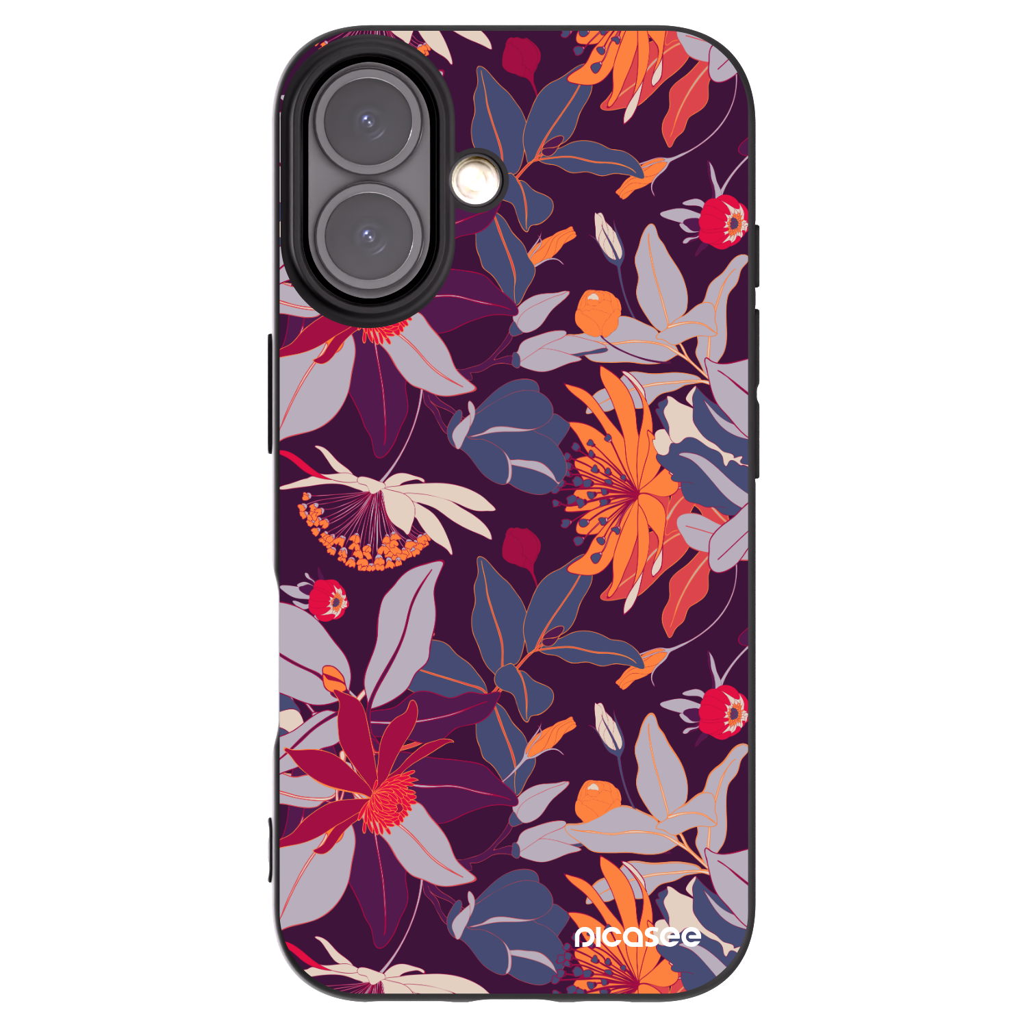 Picasee silikonowe czarne etui na Apple iPhone 16 - Purple Leaf