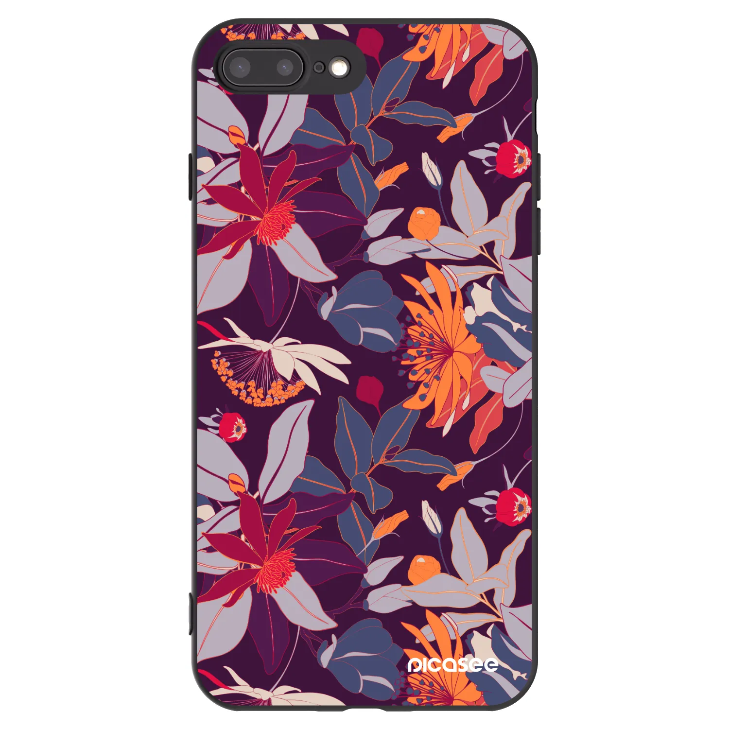 Picasee silikonowe czarne etui na Apple iPhone 7 Plus - Purple Leaf
