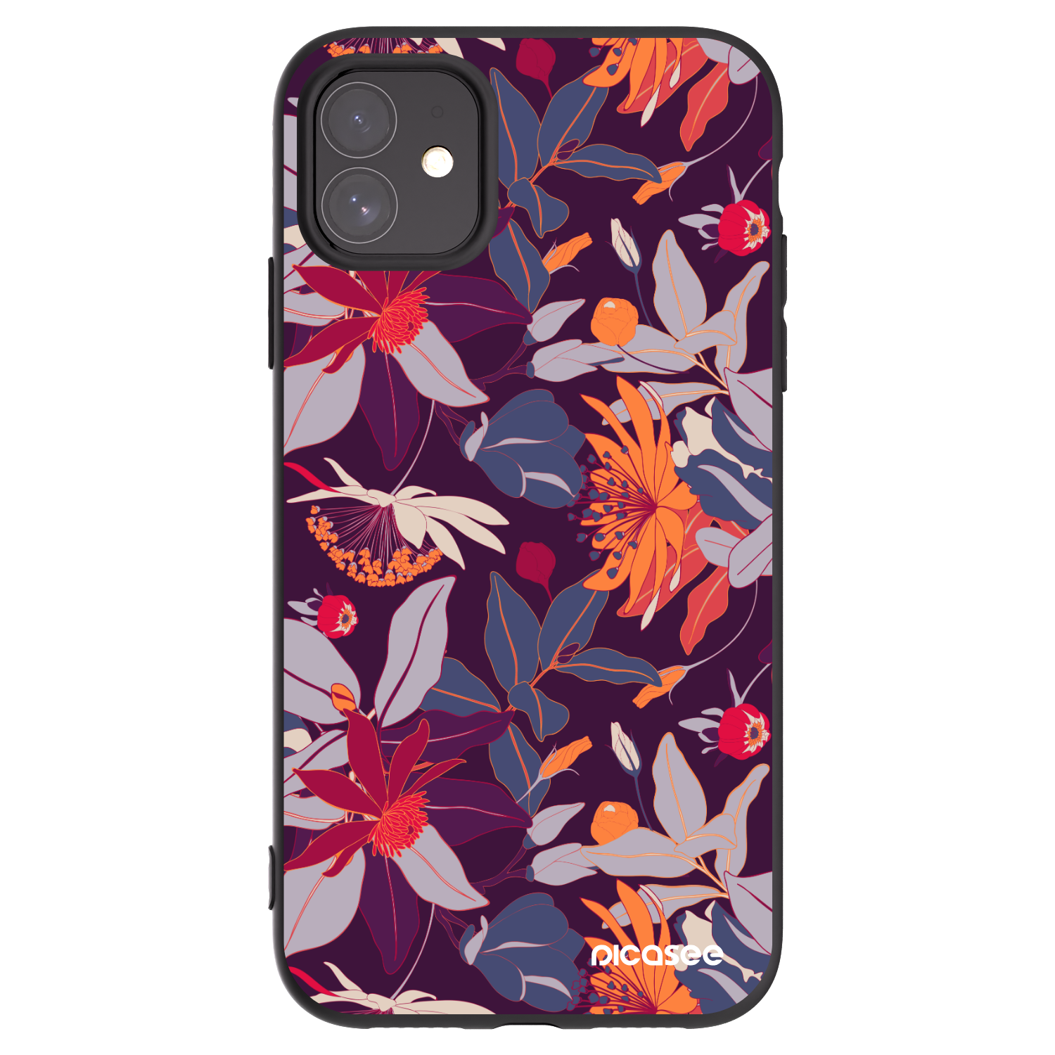 Picasee silikonowe czarne etui na Apple iPhone 11 - Purple Leaf