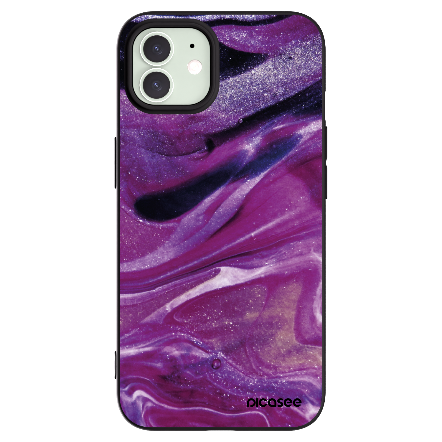 Picasee silikonowe czarne etui na Apple iPhone 12 - Purple glitter